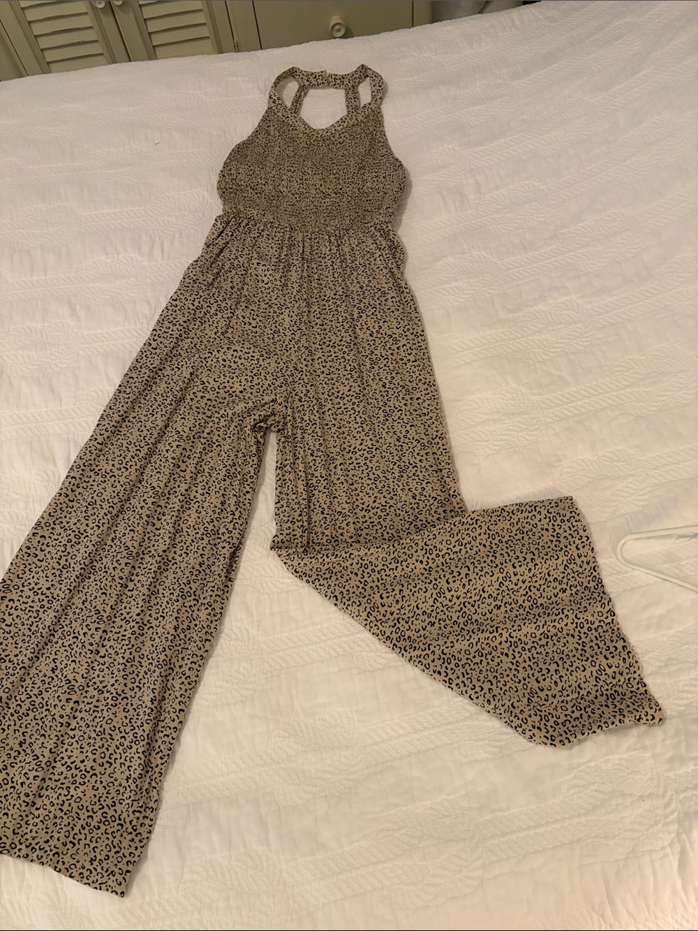 Jessica Simpson Beige and Black Leopard-Print Smocked Wide-Leg Jumpsuit